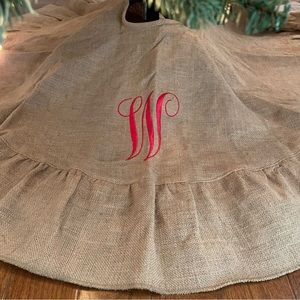 Ruffle Burlap Tree Skirt with Red Monogram “W” Initial